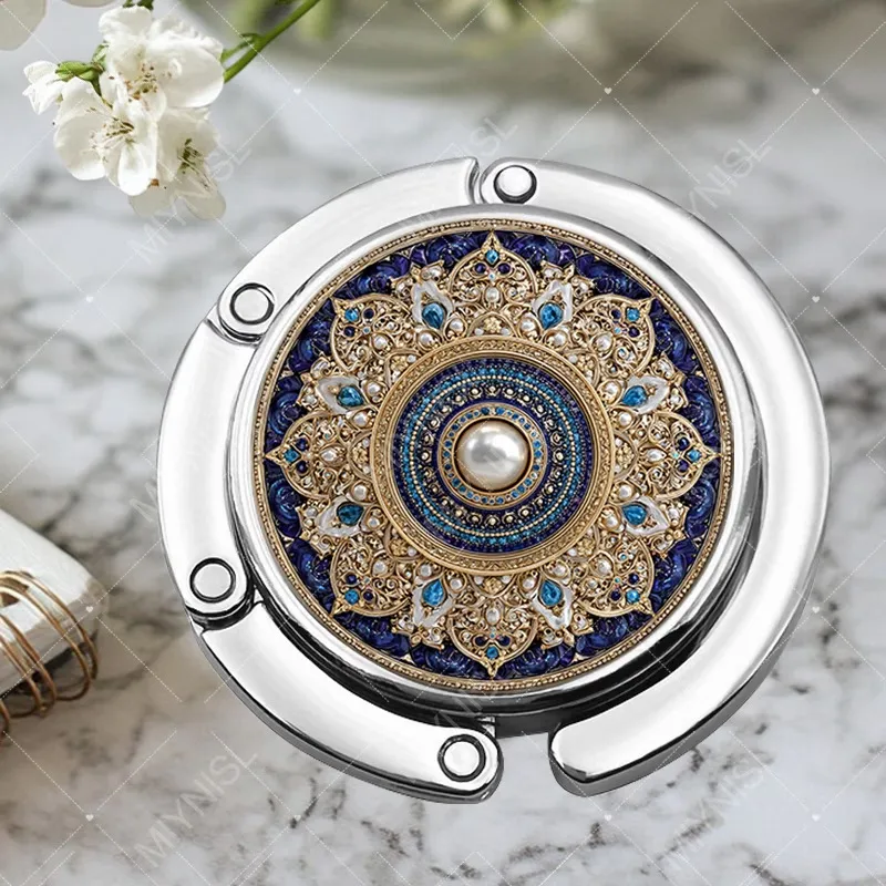Creative Foldable Handbag Hook – Round Metal Purse Hanger with Gold-Tone Rim & Sapphire Gem, Portable Bag Holder for Desk, Table & Travel